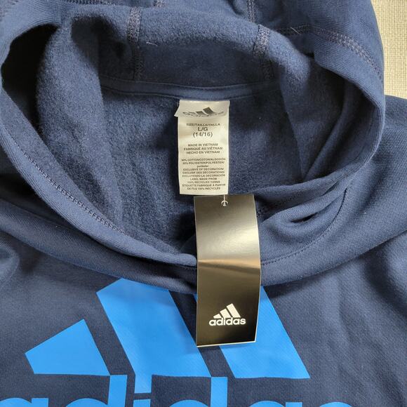 Adidas Youth Hoodie Size L 14/16 Navy Grey‎ Spell Out Logo Fleece Pullover NEW - Picture 9 of 14